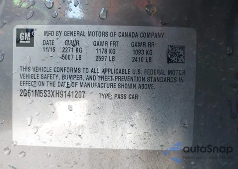 2017 Cadillac Xts Luxury z USA, uszkodzony, nr VIN 2G61M5S3XH9141207